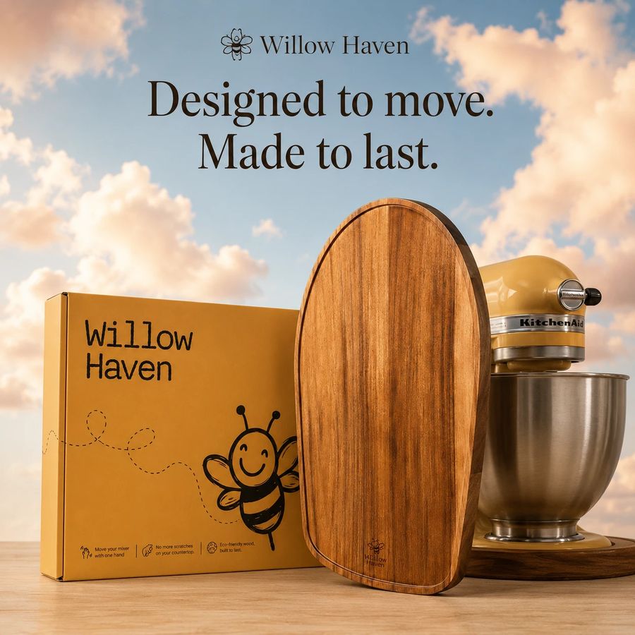 Box, slider and mixer on a warm set; the packaging does the branding.