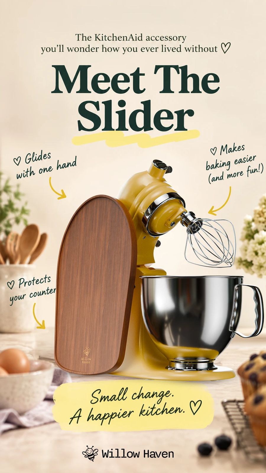 Meet the Slider: serif headline, hand-drawn hearts and arrows pointing at three benefits.