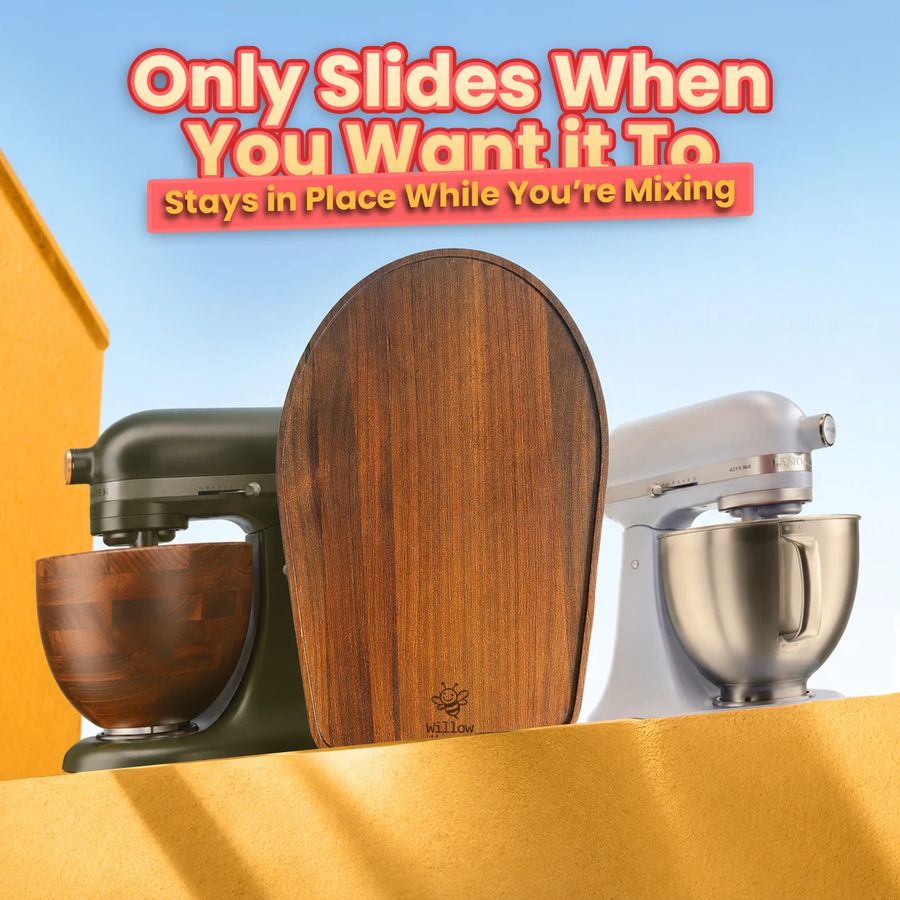 Two mixers, one slider, a bold two-line promise: stays put while mixing.