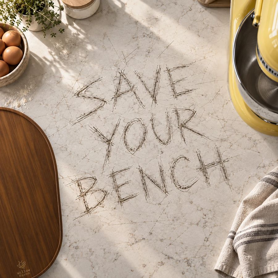 The benefit scratched into the bench itself. The slider waits at the edge.