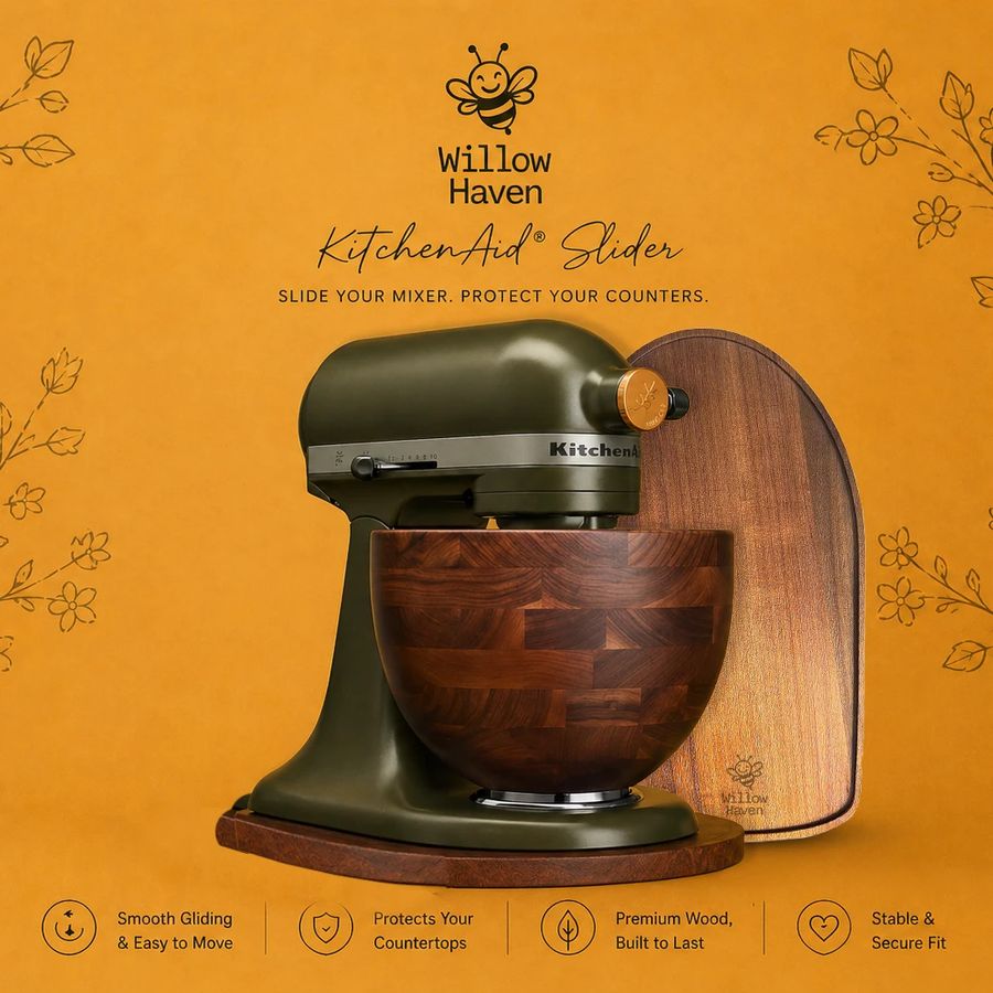 Logo, script and a sans line stacked over the olive mixer; four benefit icons.