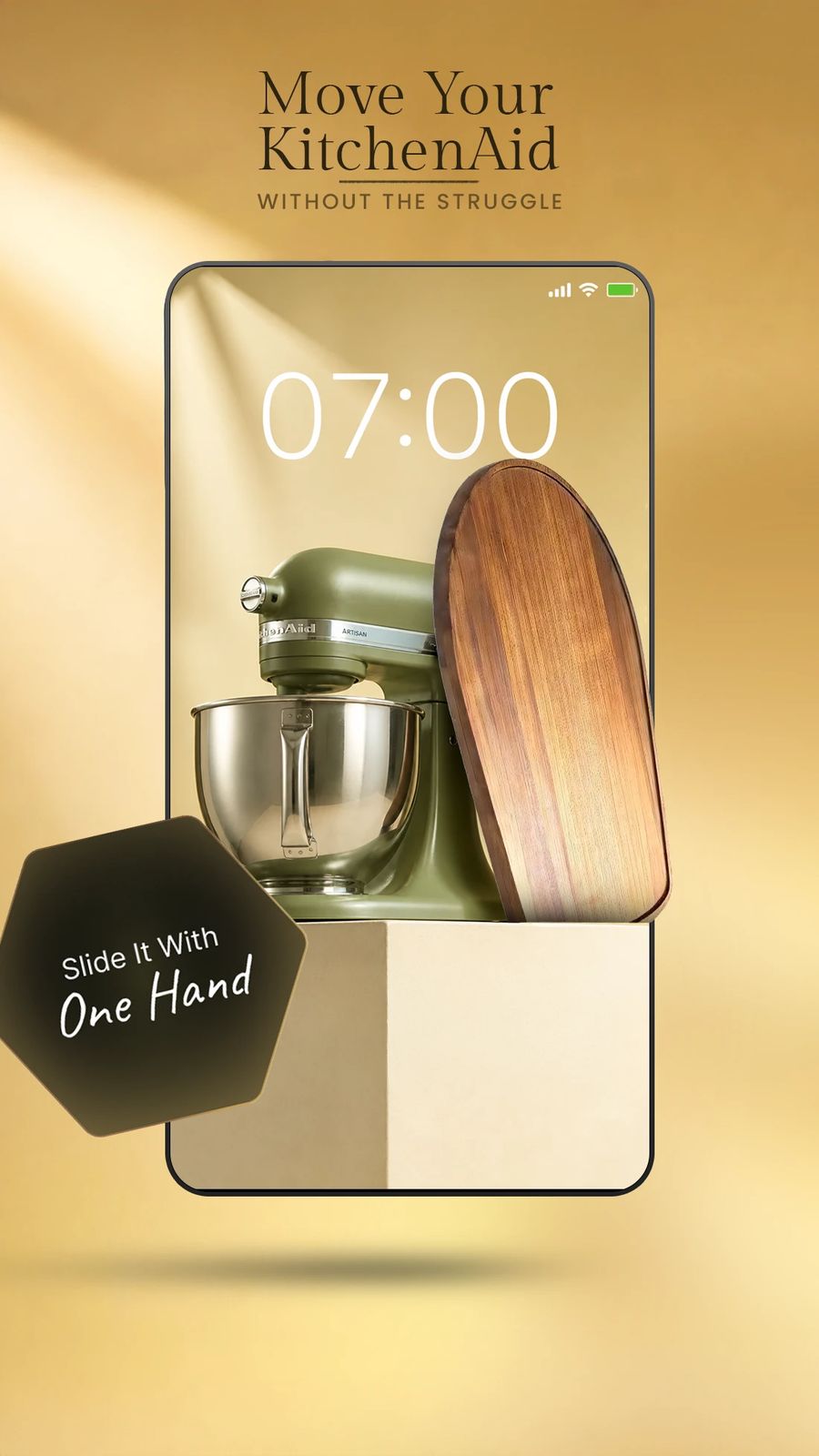 The product inside a phone lock screen. Serif headline, tracked caption.