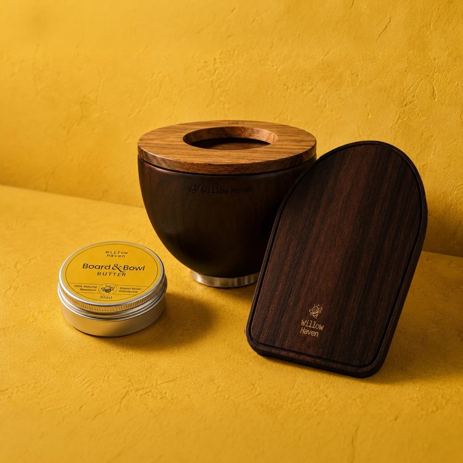 Bowl, butter, walnut: The tin label, the bowl engraving and the walnut grain all match what ships.