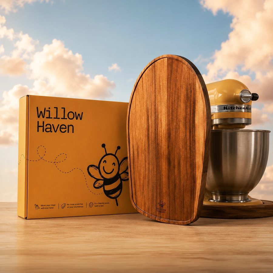 Box, slider, mixer: The Package V2 artwork exactly, a real KitchenAid, a real acacia board.