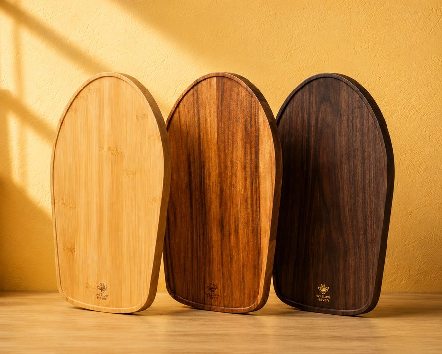 Three woods, one silhouette: The real arch: round top, straight sides, flat base, rounded lip. Engraving bottom-centre. Wall and bench in honey.