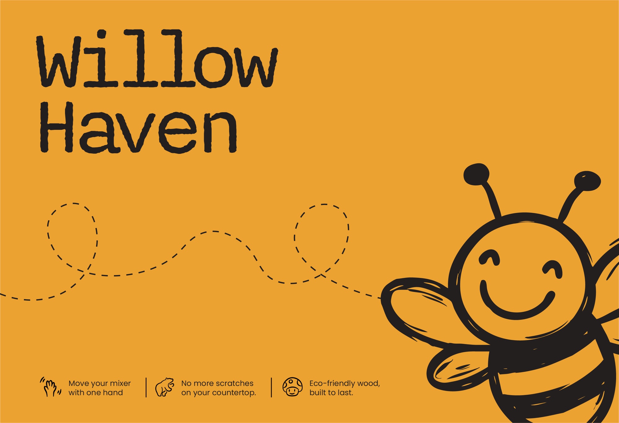 Flat artwork of the box lid: the Willow Haven wordmark, the bee and a dashed flight path on honey