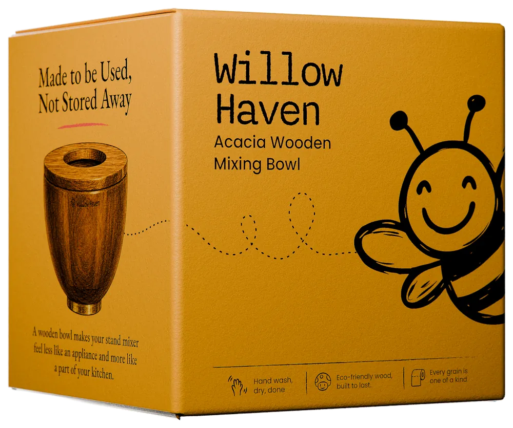 The bowl box: front with the bowl photo and the promise, side with the bee