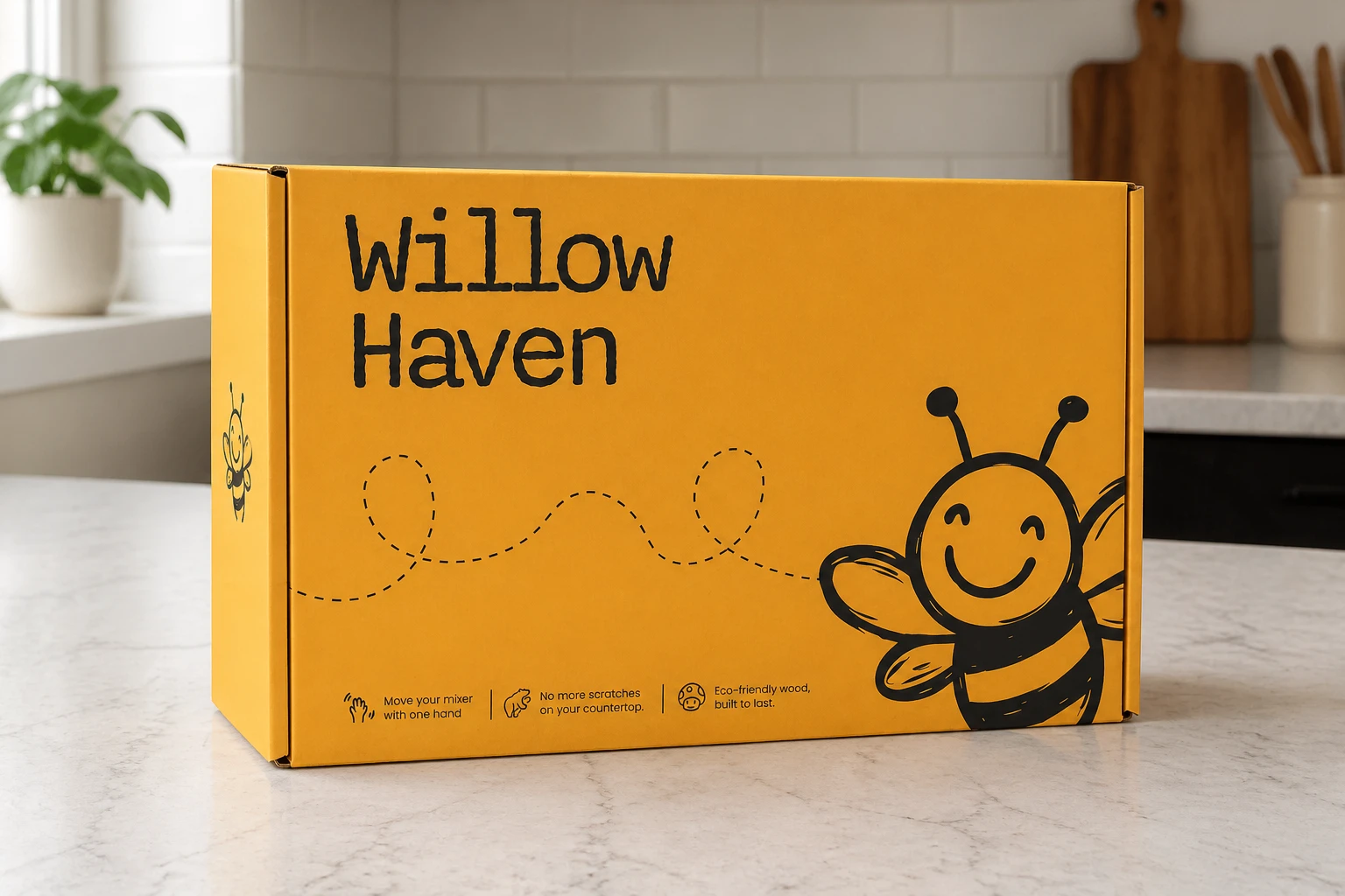 The honey mailer box on a kitchen bench